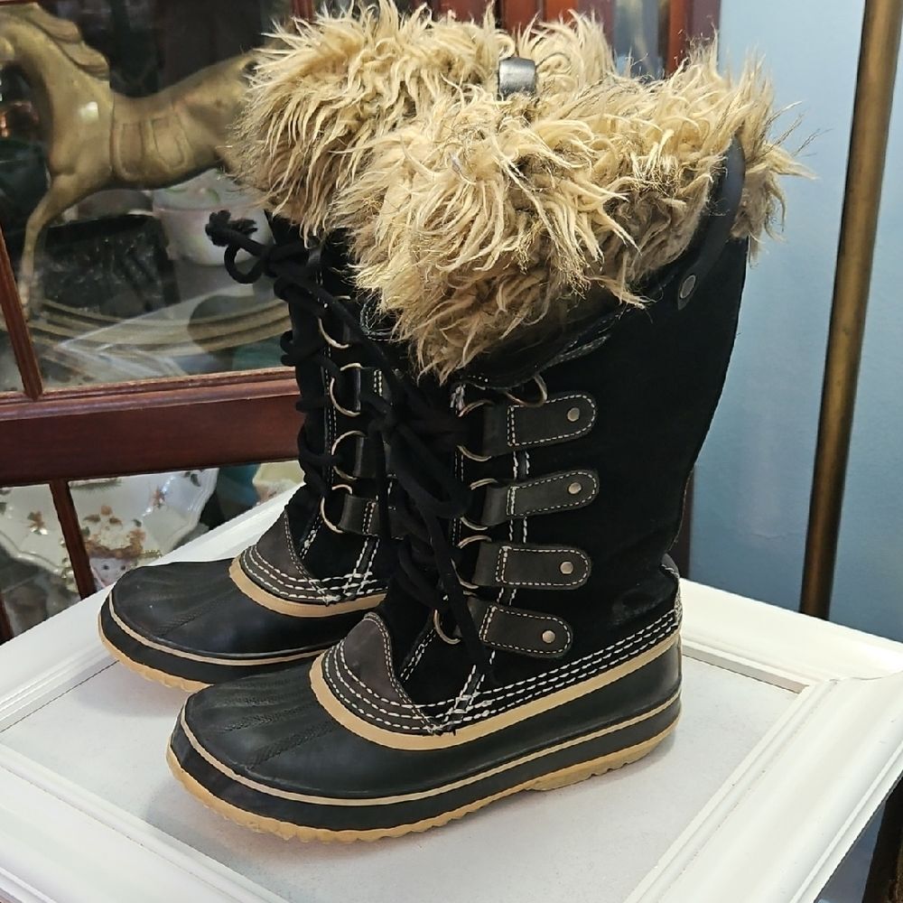 Sorel Women's Black and Brown Faux-Fur Trim Winter Rain Boots